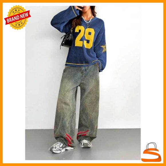 Oversized V-Neck Crochet Pullover Sweater Long Sleeve Jersey Top - Picture 5 of 6